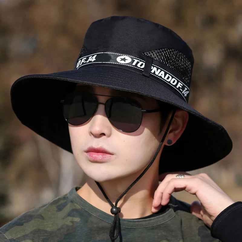 Windproof Men Outdoor Hat Wide Brim Flat Top Men Camping Hat Letter Print Anti-UV Strap Hollow Out Men Fisherman Hat Headwear