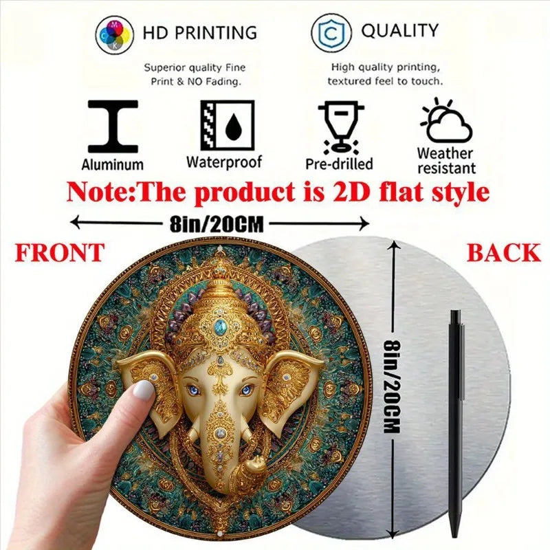 Ganesh, Golden, Jewelry Theme Round Aluminum Sign Decoration Artwork , Suitable for Home, Perfect Holiday Gift for Thanksgiving