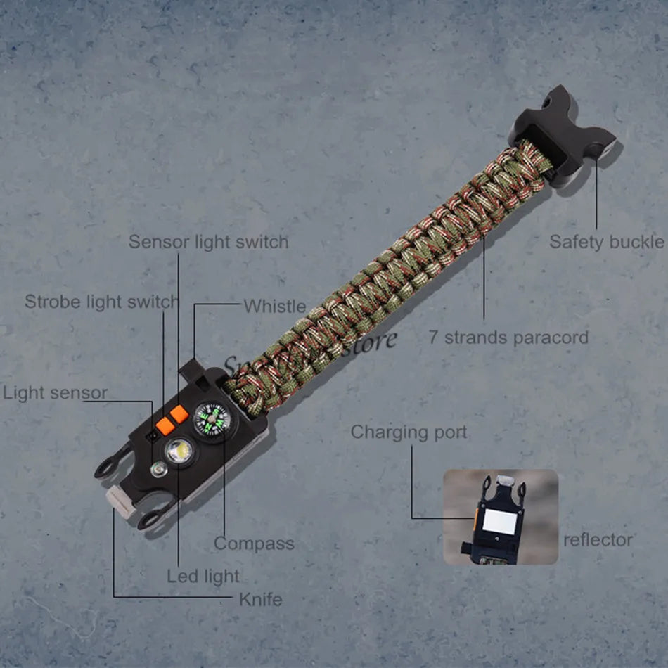 Outdoor Survival Paracord Bracelet Buckle LED Laser Flashlight bracelet Emergency Multi Tool Braided Camping Rescue Rope