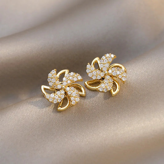 Trendy New Korean Cute Rotating Windmill Drop Earrings For Women Charm Romantic Luxury Zirconia Geometric Earrings Jewelry Gifts