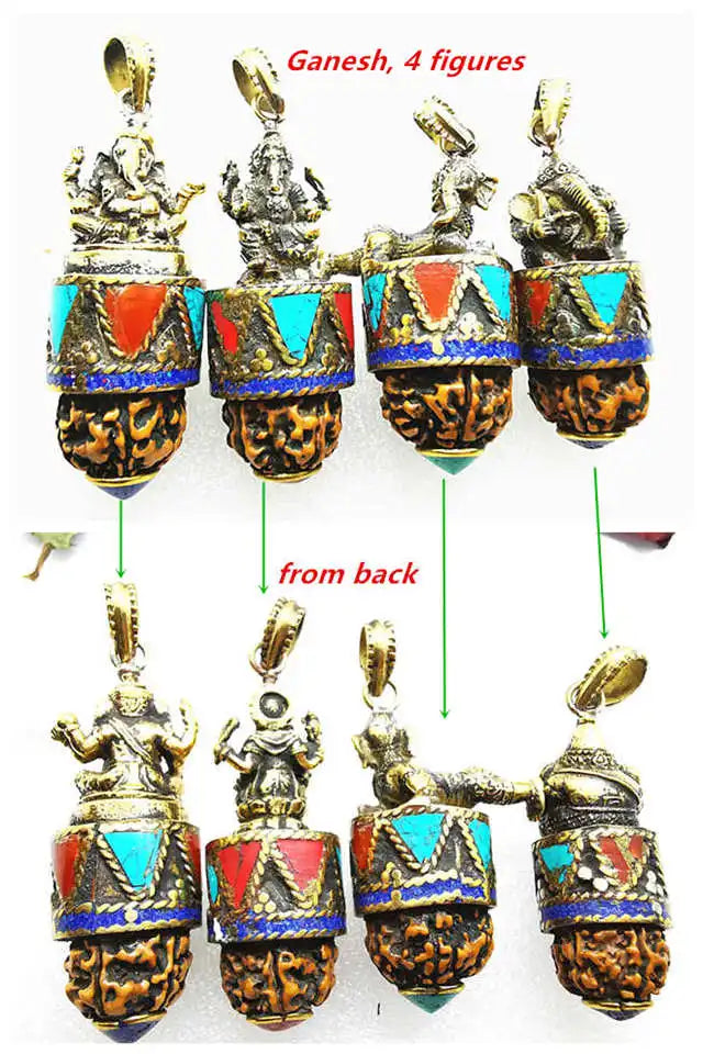 Indian Ganesh Amulet Pendants Pocket Buddha Brass Golden Handicrafts Capped Rudraksha Bodhi Beads TBP661