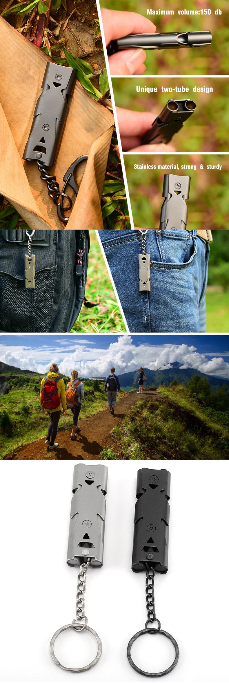 Outdoor EDC Survival Whistle High Decibel Double Pipe Whistle Stainless Steel Alloy Keychain Cheerleading Emergency Multi Tool