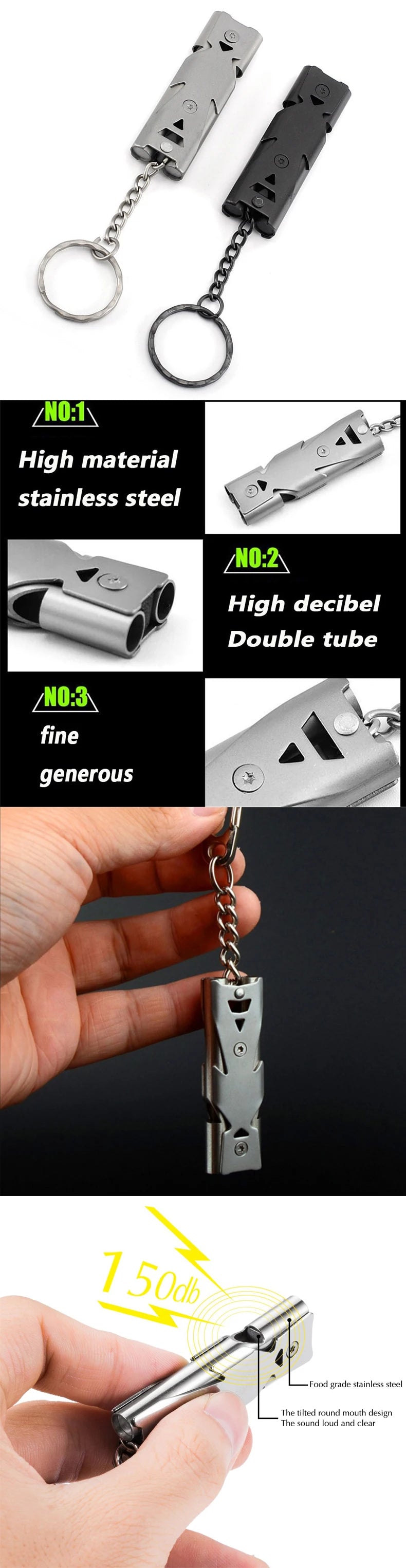 Outdoor EDC Survival Whistle High Decibel Double Pipe Whistle Stainless Steel Alloy Keychain Cheerleading Emergency Multi Tool