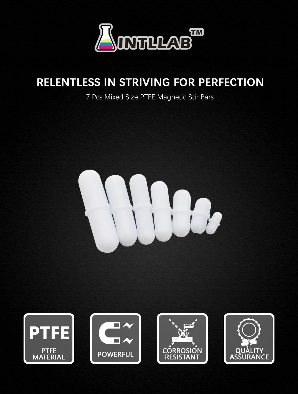 INTLLAB Mixed Size Stir bar PTFE Magnetic Stirrer Mixer Stir Bars 7pc  Durable Build, Ideal for Student Labs, Portable Packaging