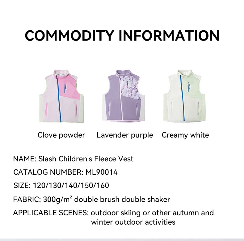 VECTOR Children Boy and Girl Color Clash Fleece Vest Mid Layer Warmth Lock Warm Quick Drying Ski Outdoor Sports Skiing Hiking