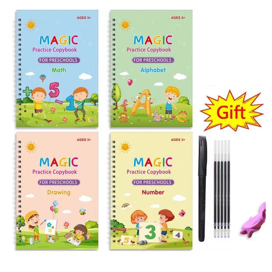 4Pcs Magic Groove Practice Copybook for Kids Reusable Writing Book Uses for Preschool English Calligraphy Free Wiping Learning