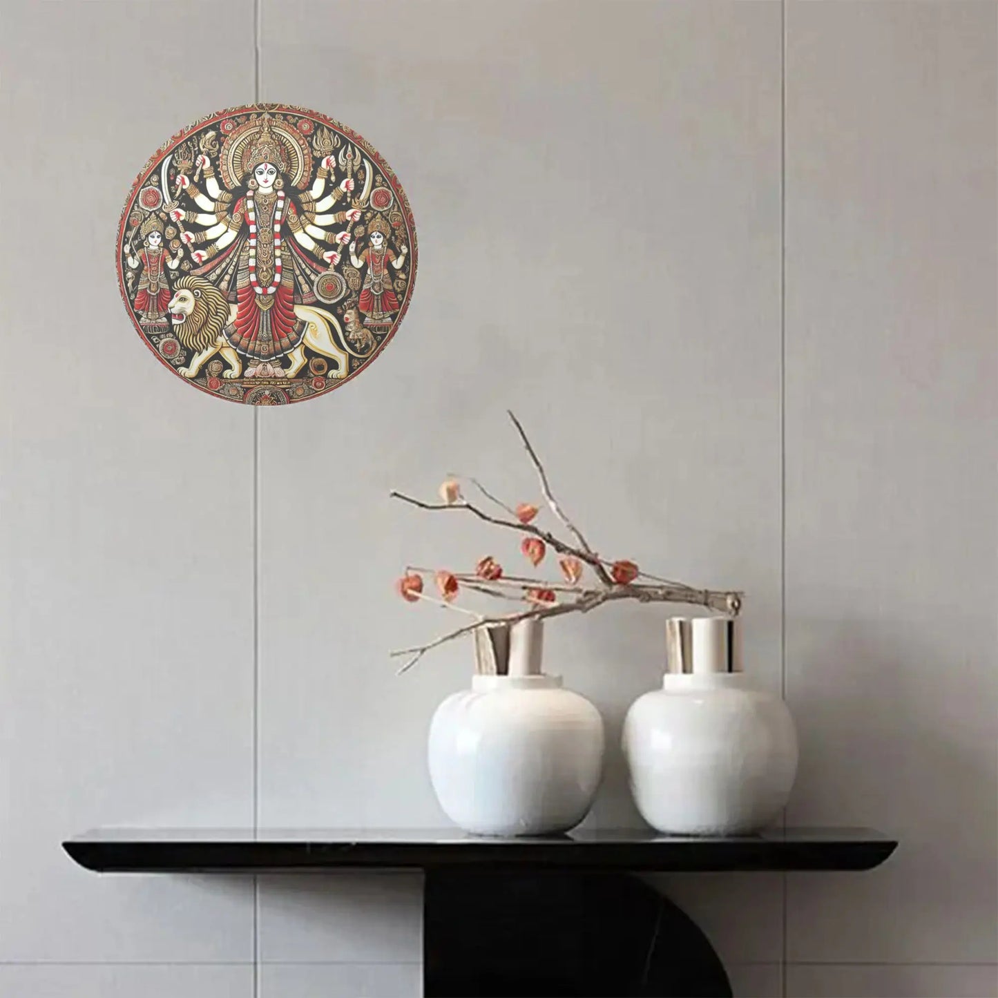 2D Flat, Vintage Indian Goddess Durga Wall Art, 8x8In/11.8x11.8In Round Aluminum Plaque with Intricate Traditional Design