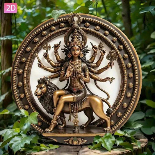 1pc Vintage Hindu Goddess Durga Statue - Aluminum Wall Art Plaque with Lion mount, Golden & Black Indian deity Decor for Home