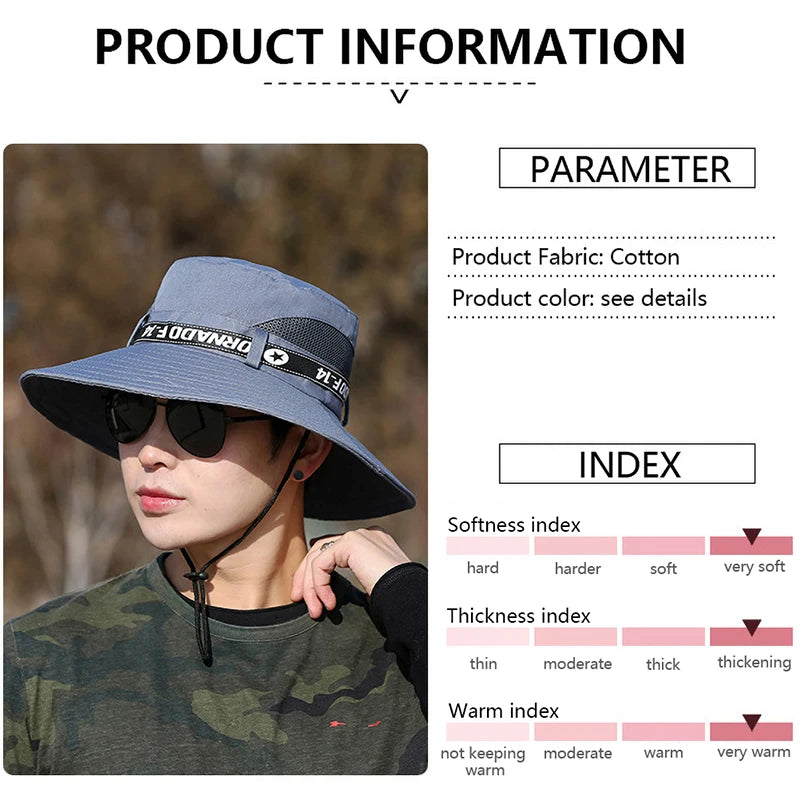 Windproof Men Outdoor Hat Wide Brim Flat Top Men Camping Hat Letter Print Anti-UV Strap Hollow Out Men Fisherman Hat Headwear