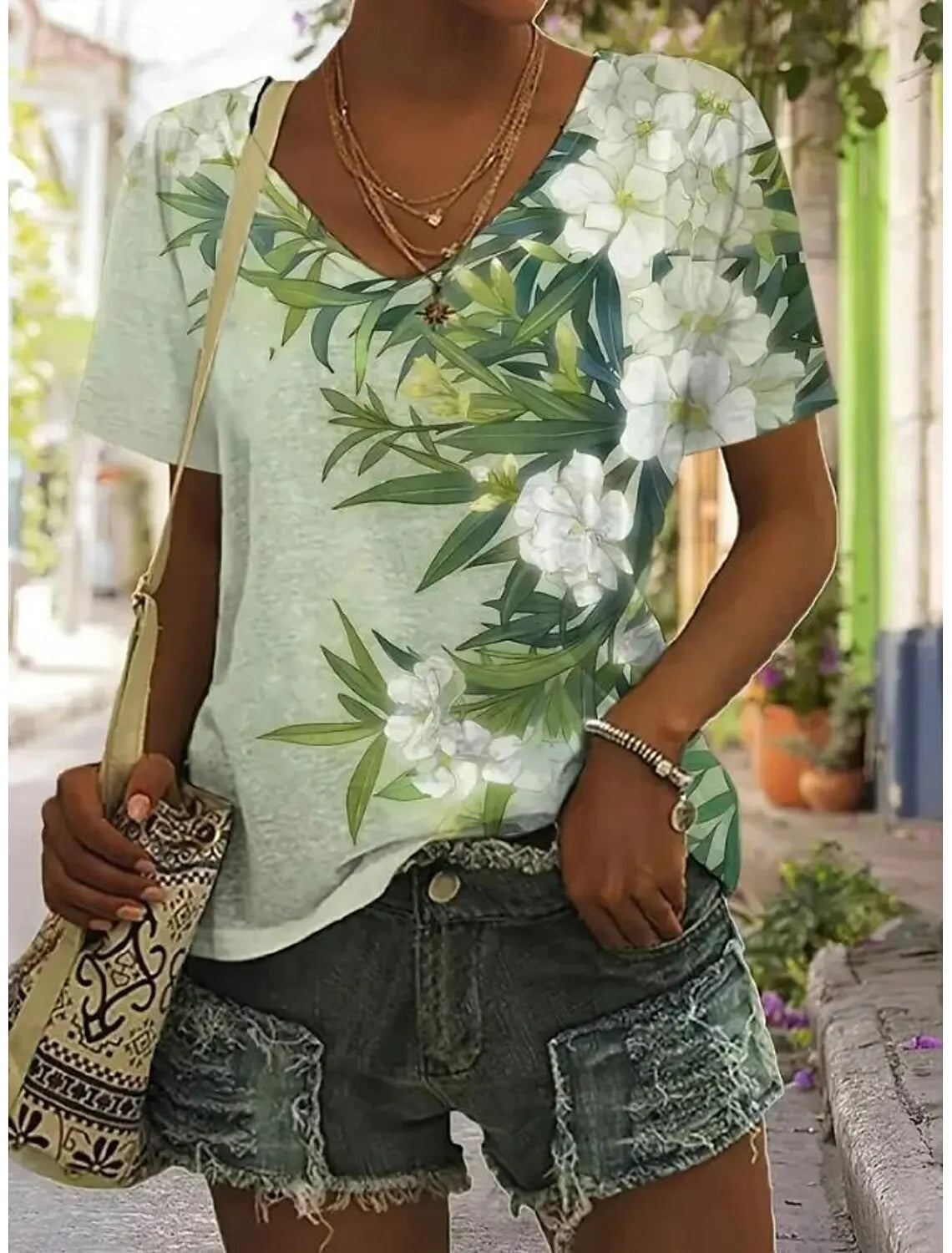 Summer Women's T Shirt Floral Graphic Plants Vintage Tropical Hawaiian Short Sleeve V Neck Regular Tops Daily Print Spring Tees