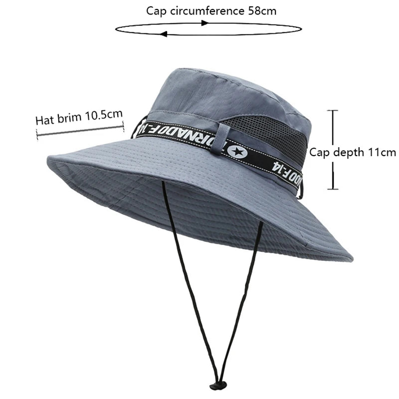 Windproof Men Outdoor Hat Wide Brim Flat Top Men Camping Hat Letter Print Anti-UV Strap Hollow Out Men Fisherman Hat Headwear