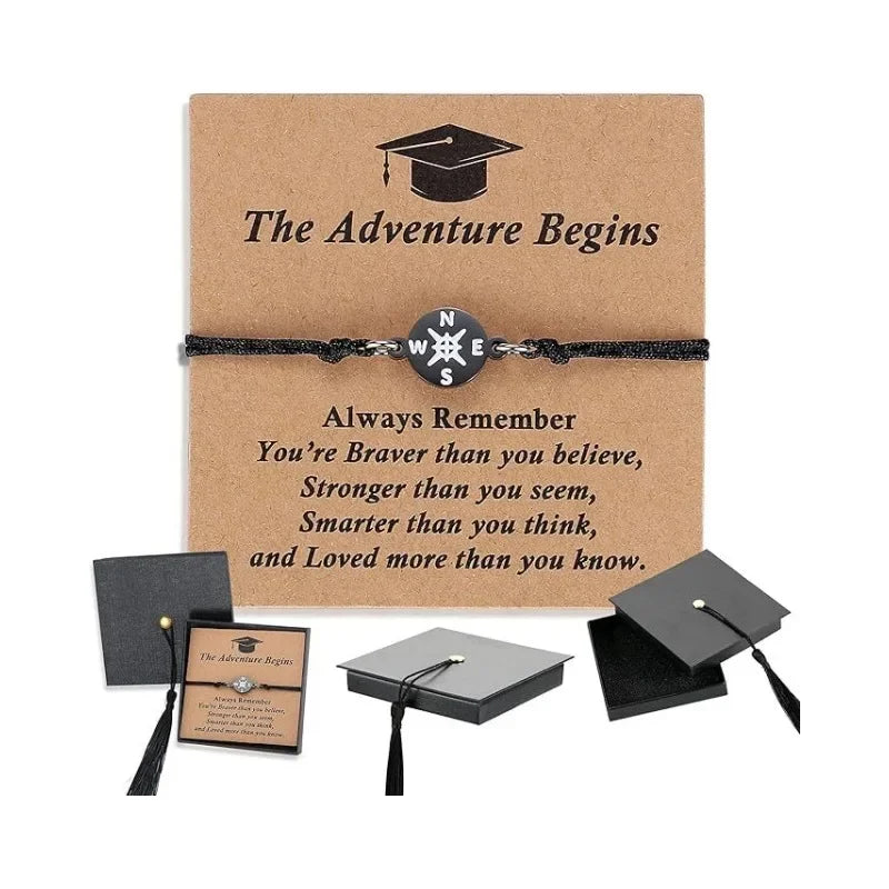 New graduation season and back-to-school season gifts: Doctoral cap gift box, stainless steel compass, woven bracelet, band card