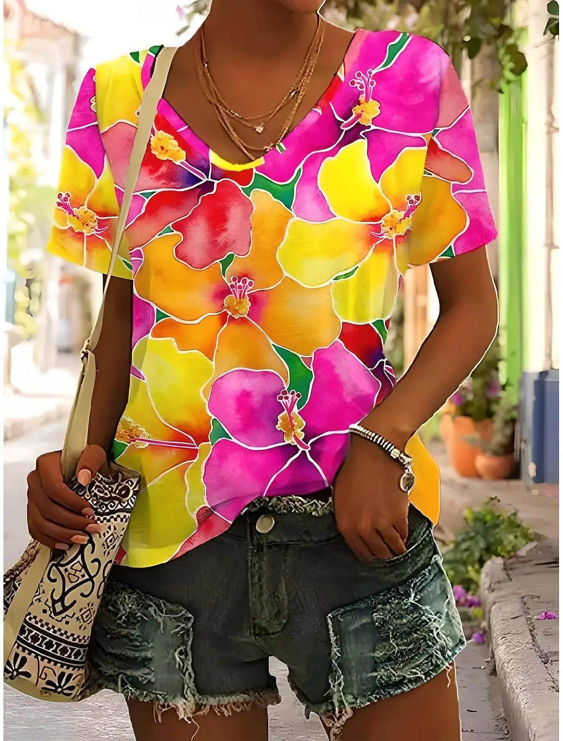 Summer Women's T Shirt Floral Graphic Plants Vintage Tropical Hawaiian Short Sleeve V Neck Regular Tops Daily Print Spring Tees