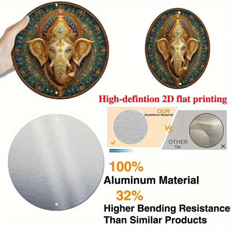 Ganesh, Golden, Jewelry Theme Round Aluminum Sign Decoration Artwork , Suitable for Home, Perfect Holiday Gift for Thanksgiving