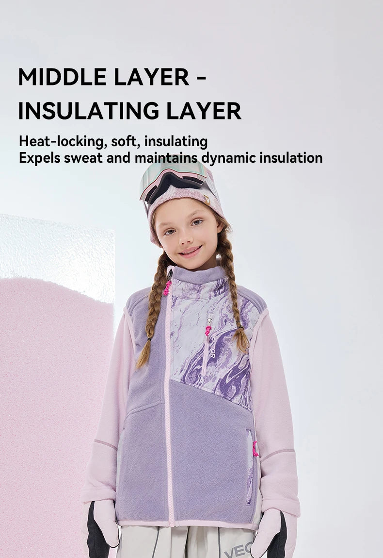 VECTOR Children Boy and Girl Color Clash Fleece Vest Mid Layer Warmth Lock Warm Quick Drying Ski Outdoor Sports Skiing Hiking