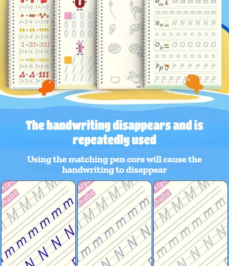 4Pcs Magic Groove Practice Copybook for Kids Reusable Writing Book Uses for Preschool English Calligraphy Free Wiping Learning