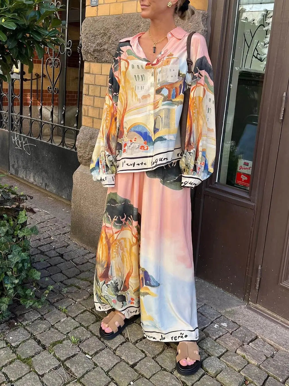 Fashion Printed 2 Piece Set Loose Lapel Buttoned Long Sleeved Shirt Elastic Waist Wide Leg Trousers Suit Spring Commuter Set