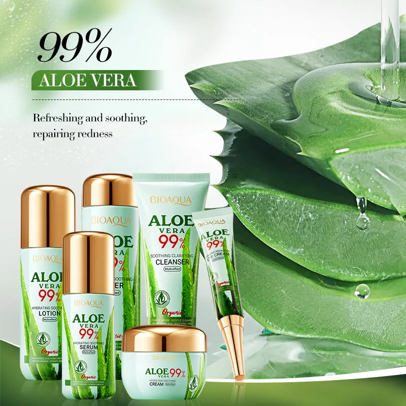 Aloe Vera Moisturizing and Beautifying Six-Piece Skincare Set, Including Facial Cleanser, Toner, Lotion, Essence, Face Cream, Eye Cream, Contains Sodium Hyaluronate, Aloe Vera Extract, and Other Ingredients, Daily Skincare Ro