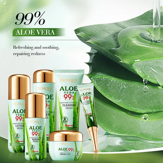 Aloe Vera Moisturizing and Beautifying Six-Piece Skincare Set, Including Facial Cleanser, Toner, Lotion, Essence, Face Cream, Eye Cream, Contains Sodium Hyaluronate, Aloe Vera Extract, and Other Ingredients, Daily Skincare Ro
