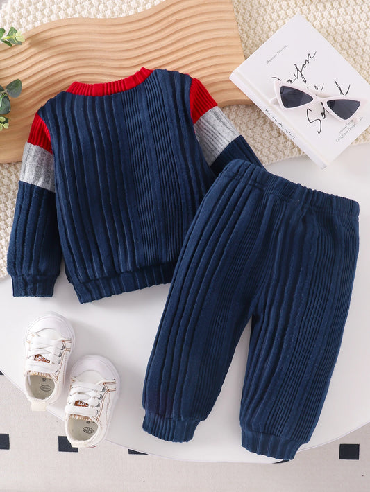 2PCS Autumn new style for boys and babies fashionable casual round-collar color matching top and trousers two-piece set