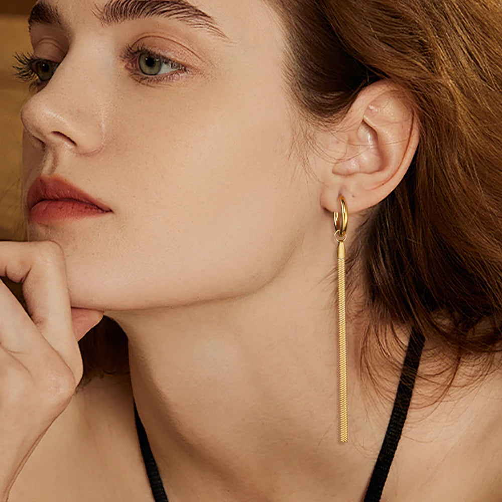 Teamer Stainless Steel Long Tassel Earrings for Women Girls Fashion Snake Chain Drop Earrings Aesthetic Engagement Jewelry Gifts