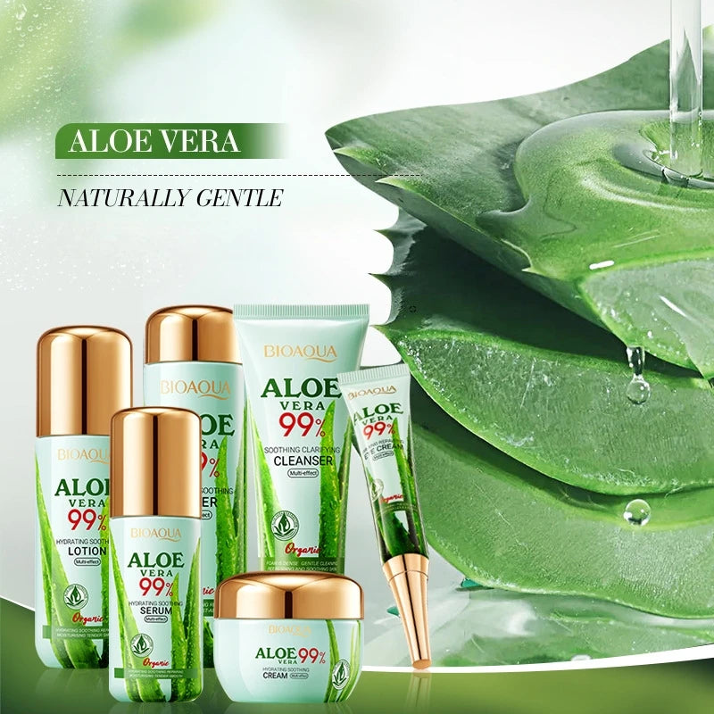 Aloe Vera Moisturizing and Beautifying Six-Piece Skincare Set, Including Facial Cleanser, Toner, Lotion, Essence, Face Cream, Eye Cream, Contains Sodium Hyaluronate, Aloe Vera Extract, and Other Ingredients, Daily Skincare Ro