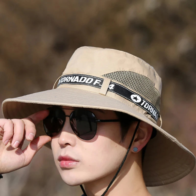 Windproof Men Outdoor Hat Wide Brim Flat Top Men Camping Hat Letter Print Anti-UV Strap Hollow Out Men Fisherman Hat Headwear