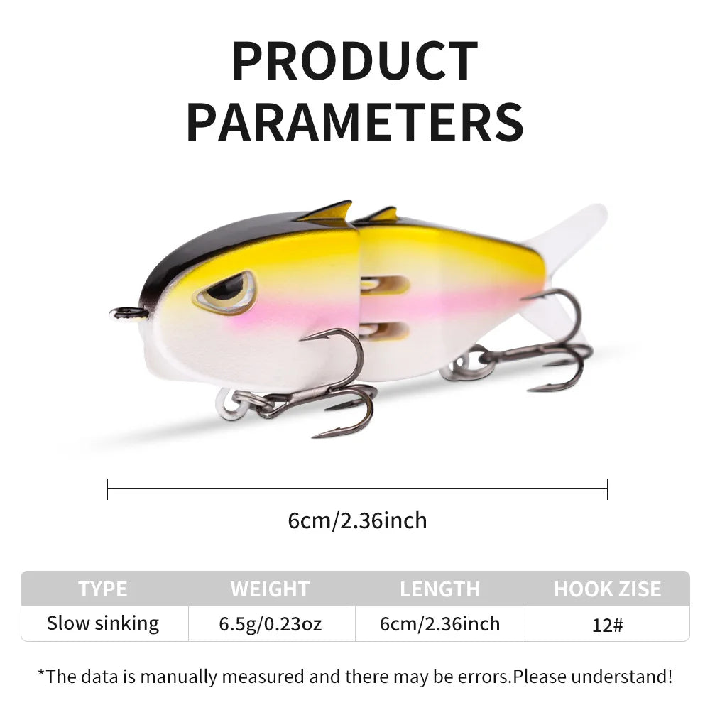 Fishing Lure Slow Sinking Swimbait 2 Joints Bait 60mm 6.5g 3D Eyes PVC Material for Bass Trout Predator Lure Pesca