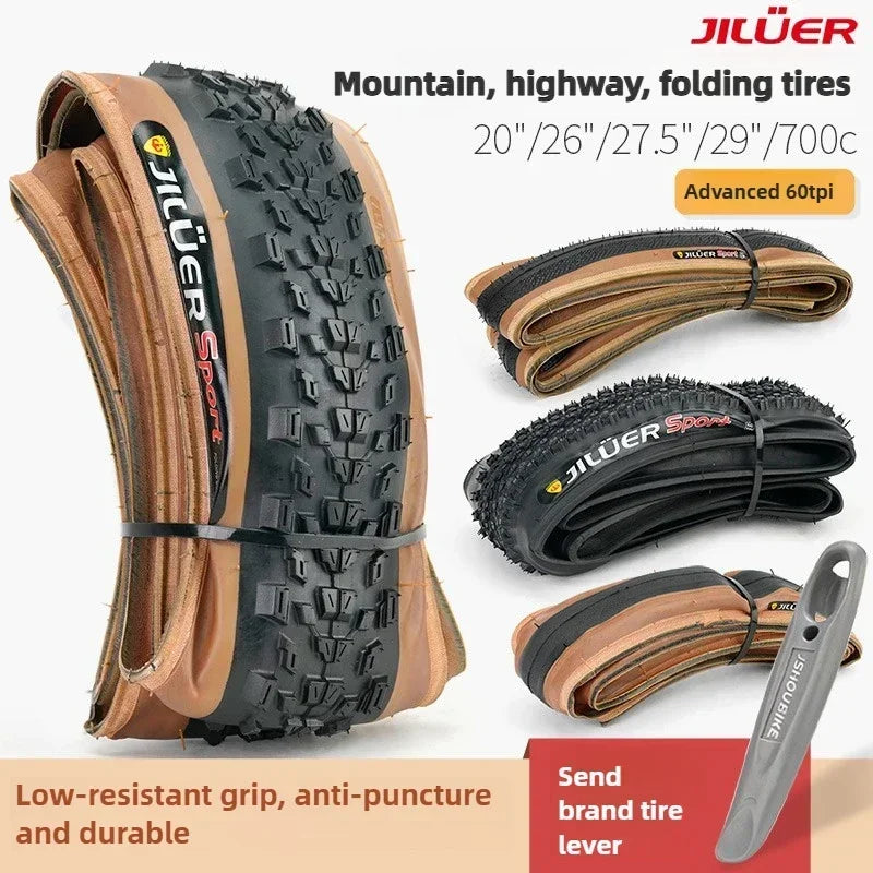 JILUER Folding Tire for Mountain and Road Bikes  27.5" Puncture-Resistant, 29" & 700c Sizes, Ultralight with Yellow Sidewalls