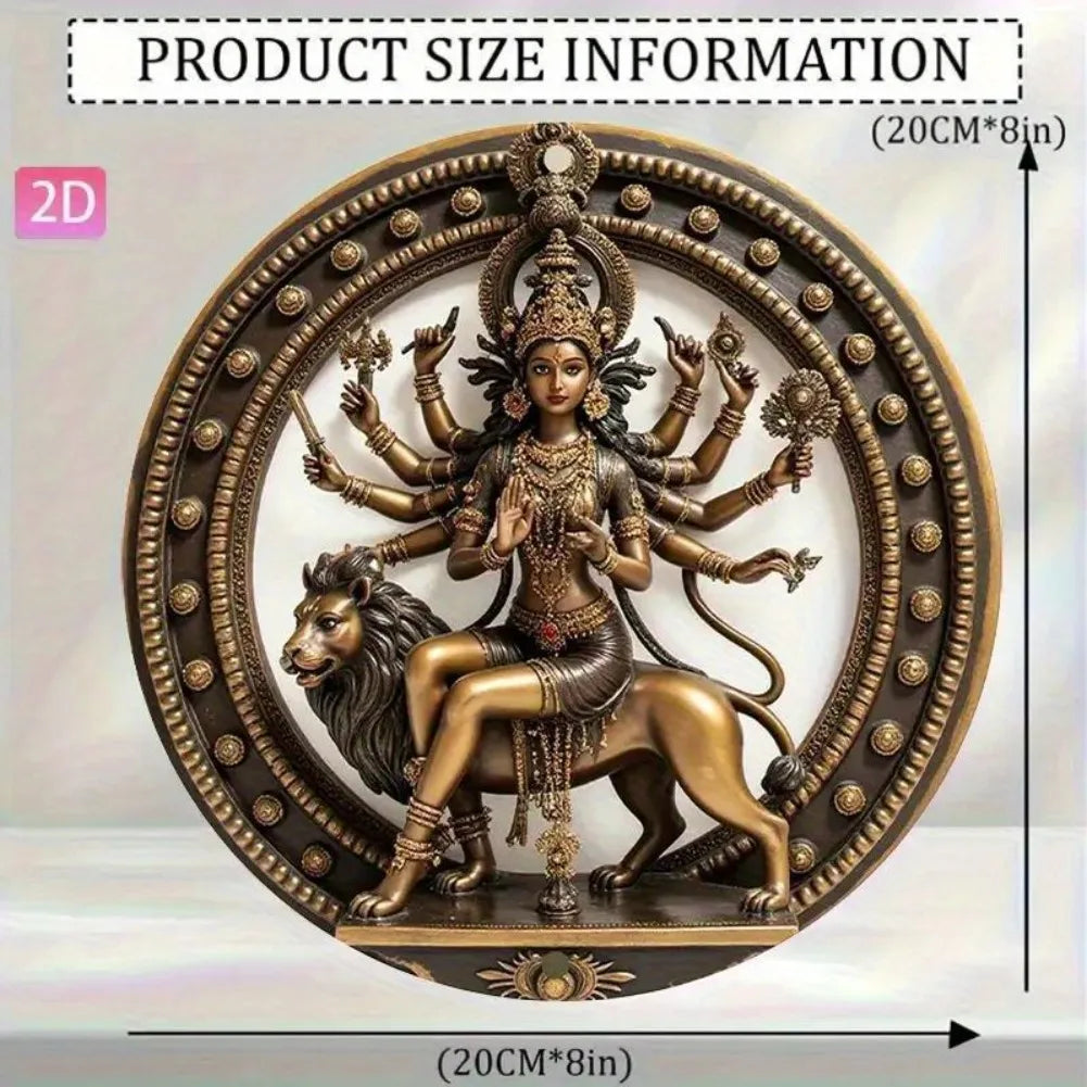 1pc Vintage Hindu Goddess Durga Statue - Aluminum Wall Art Plaque with Lion mount, Golden & Black Indian deity Decor for Home