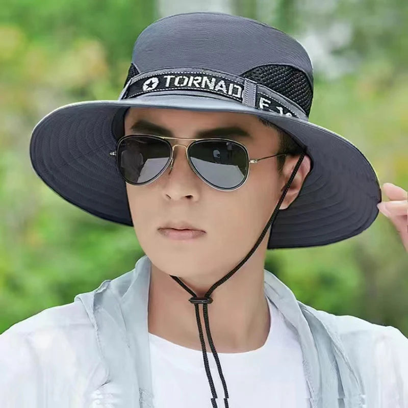 Windproof Men Outdoor Hat Wide Brim Flat Top Men Camping Hat Letter Print Anti-UV Strap Hollow Out Men Fisherman Hat Headwear