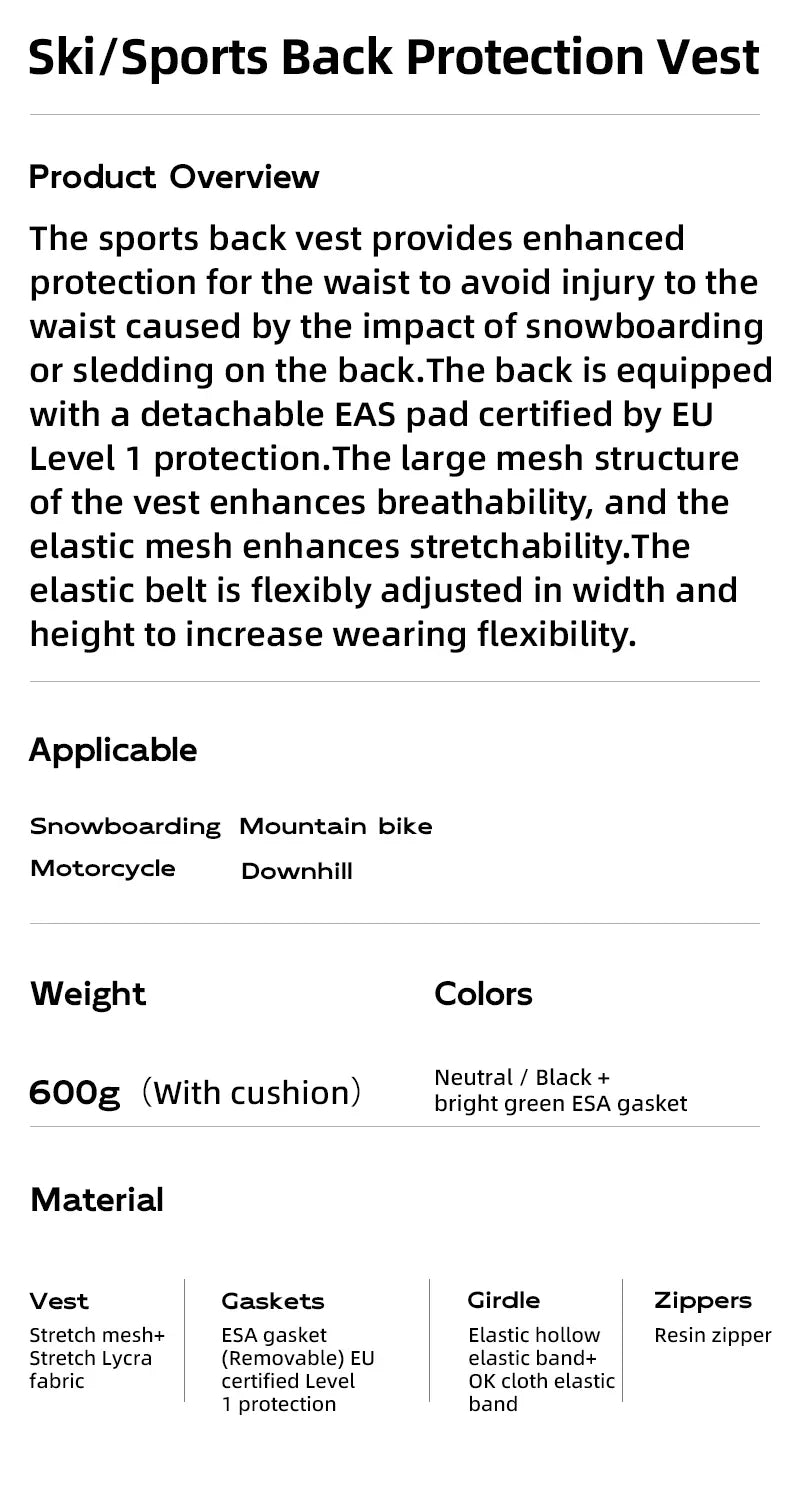 Qunature Adults Ski Vest CE1 Level Anti-Collision Waist Protector Sports EAR Pad Back Protection Vest Anti-Fall Vest Jackets