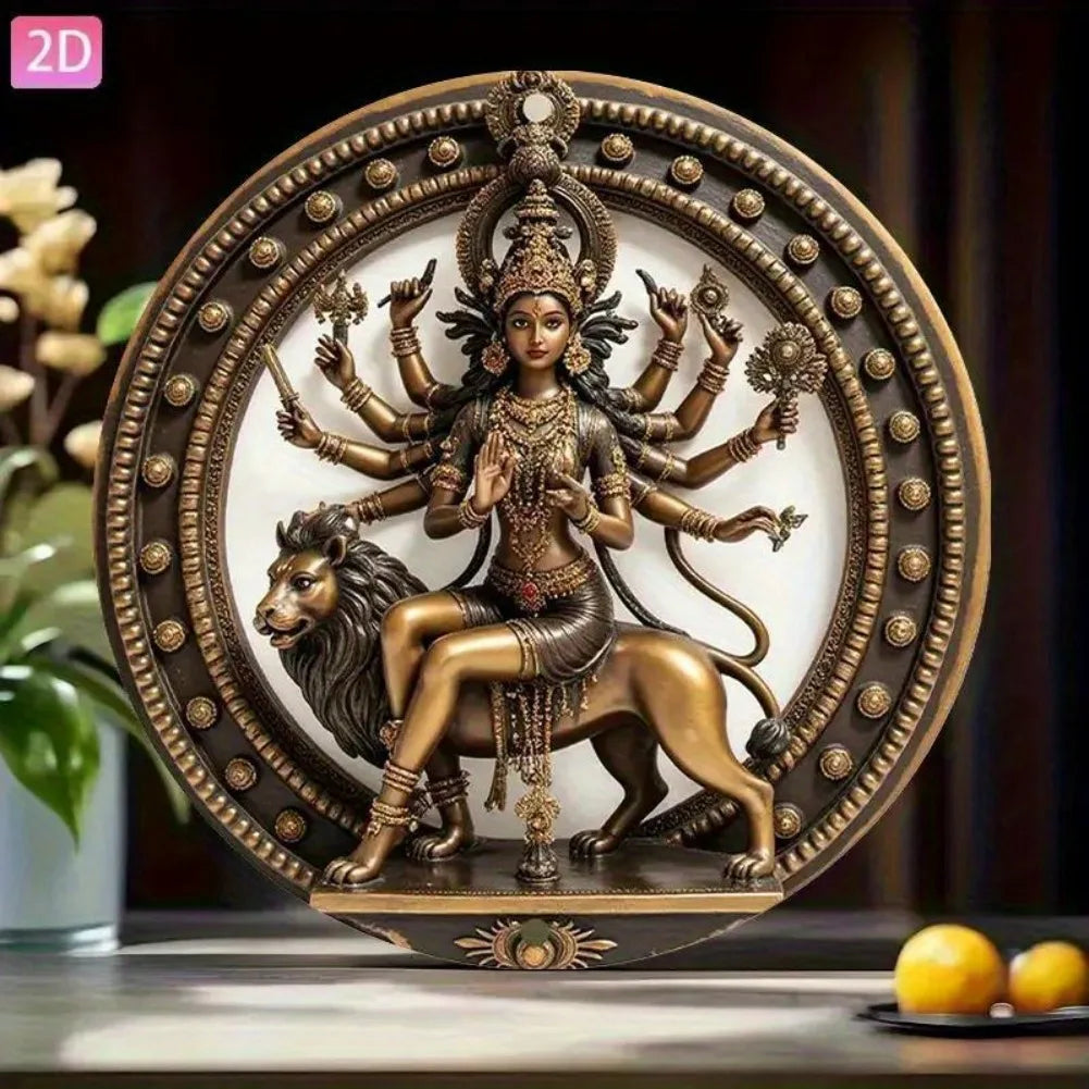 1pc Vintage Hindu Goddess Durga Statue - Aluminum Wall Art Plaque with Lion mount, Golden & Black Indian deity Decor for Home