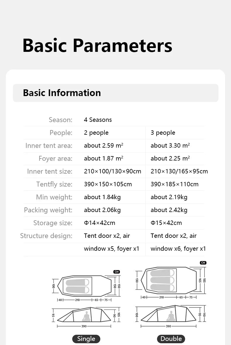 Naturehike Opalus UL 2-3 Man Hiking Tent Portable 4 Seasons High Strength 15D Nylon Backpack Trekking Tunnel Tent CNK2450WS036