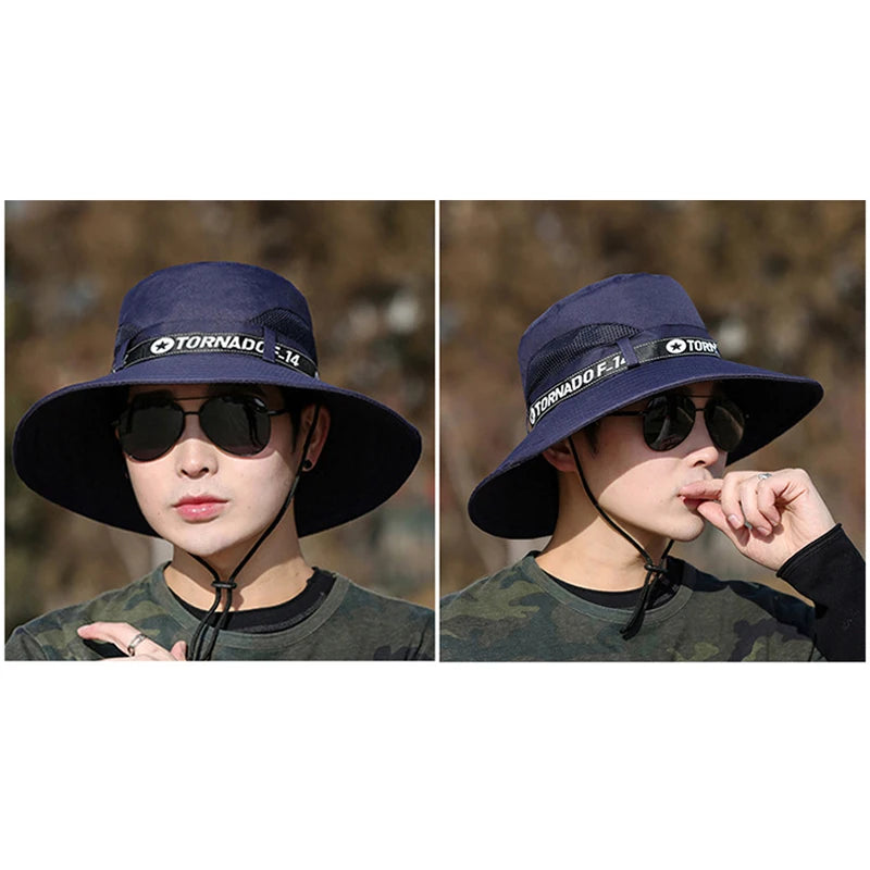 Windproof Men Outdoor Hat Wide Brim Flat Top Men Camping Hat Letter Print Anti-UV Strap Hollow Out Men Fisherman Hat Headwear