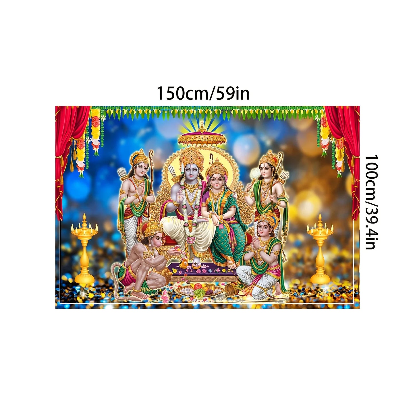 Indian Hindu deity background - including elephant head god, Ram Sita, and Hanuman - bright vinyl temple decorations