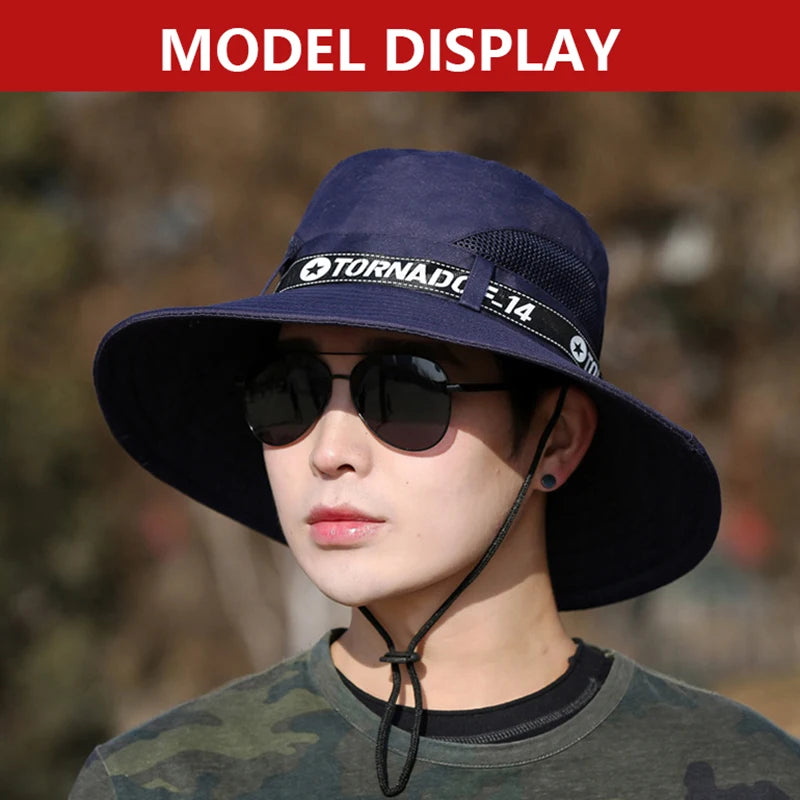 Windproof Men Outdoor Hat Wide Brim Flat Top Men Camping Hat Letter Print Anti-UV Strap Hollow Out Men Fisherman Hat Headwear