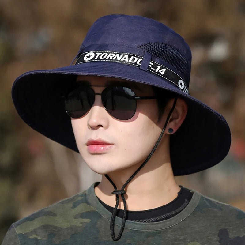 Windproof Men Outdoor Hat Wide Brim Flat Top Men Camping Hat Letter Print Anti-UV Strap Hollow Out Men Fisherman Hat Headwear