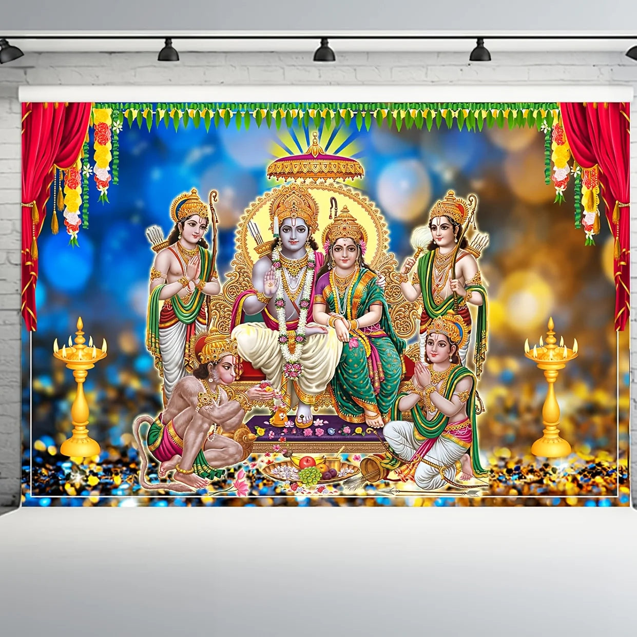 Indian Hindu deity background - including elephant head god, Ram Sita, and Hanuman - bright vinyl temple decorations