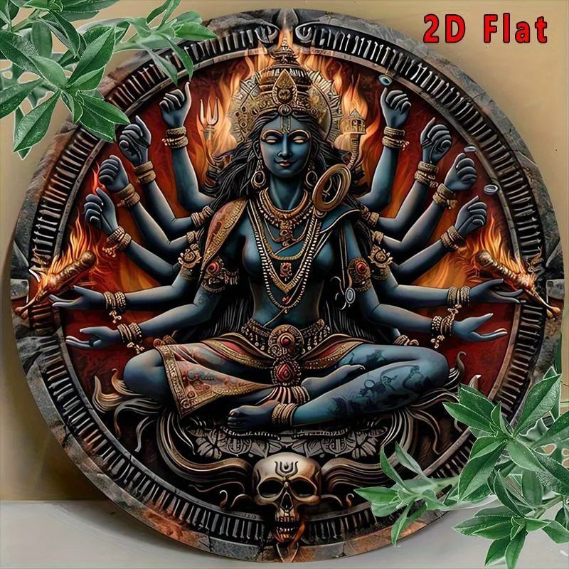 2D Flat Hindu Goddess Kali Multi-Armed Deity Round Metal Tin Sign - Spiritual Indian Mythology Themed Wall Decor, Mystical Relig
