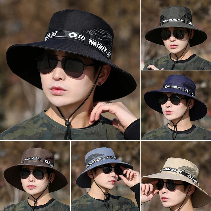 Windproof Men Outdoor Hat Wide Brim Flat Top Men Camping Hat Letter Print Anti-UV Strap Hollow Out Men Fisherman Hat Headwear