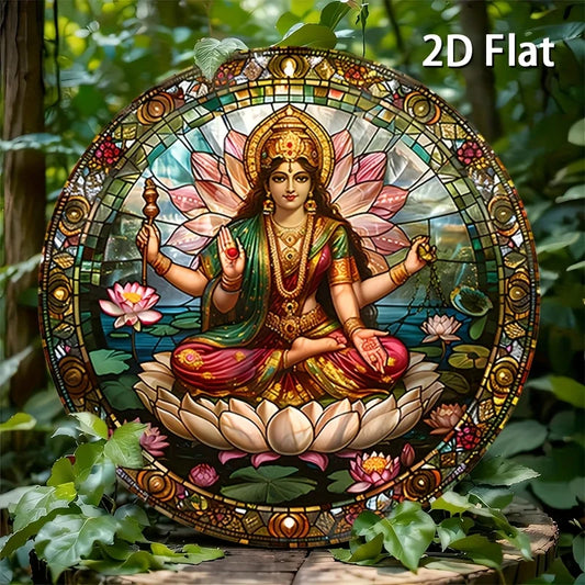 Wooden Vintage Round Hindu God Sign, Rustic 2D Flat Print Wall Art, Retro Spiritual Aesthetic Decor, Indian Divine Goddess Laksh