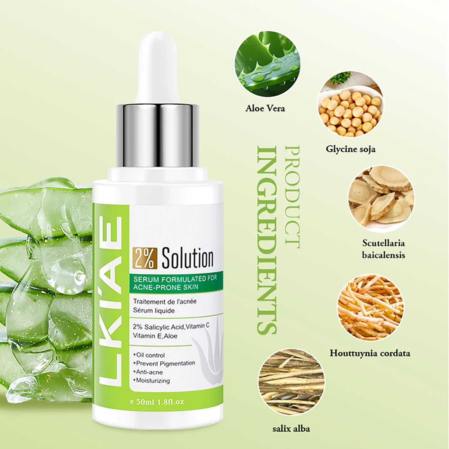 LKIAE Aloe Vera Lightening Face Serum, Idea Facial Essence to Anti Acne, with Vitamin C, Vitamin E, Moisturizing, Clean Skin