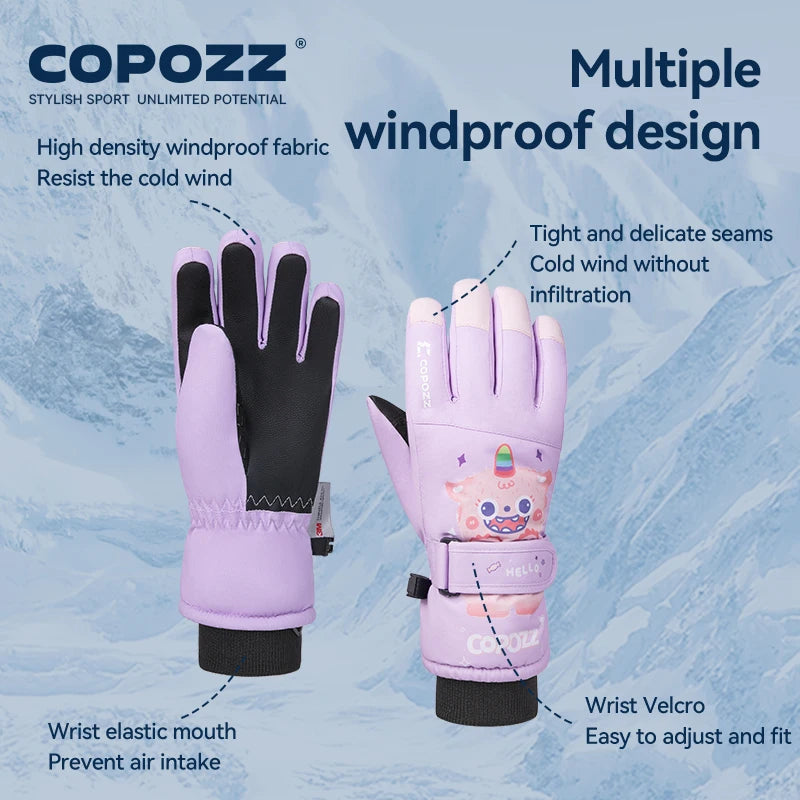 COPOZZ New Children's Ski Gloves 3M Thinsulate Wear resistant Winter Thermal Gloves Cartoon Waterproof Snowboard Gloves For Kids