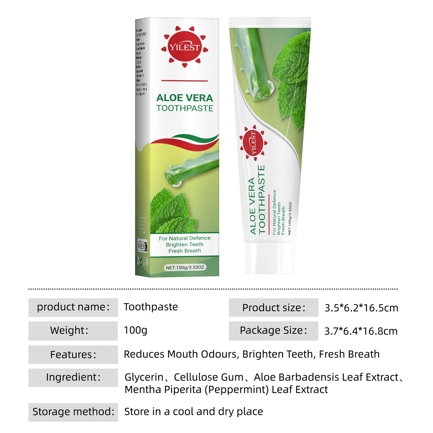 Aloe Vera Toothpaste 100g - Natural Mint Formula for Fresh Breath, Teeth Brightening & Gum Care, with Aloe & Peppermint Extract