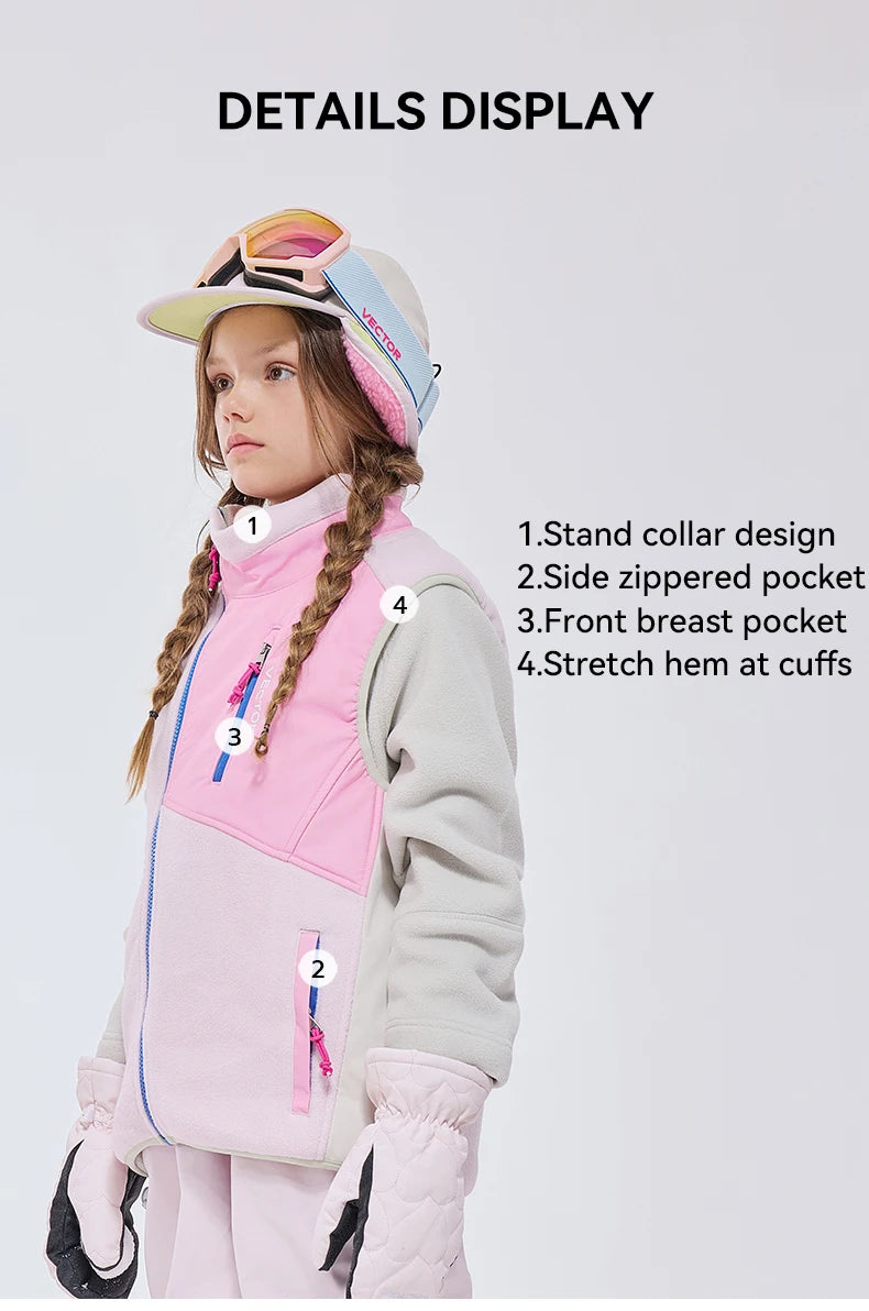 VECTOR Children Boy and Girl Color Clash Fleece Vest Mid Layer Warmth Lock Warm Quick Drying Ski Outdoor Sports Skiing Hiking