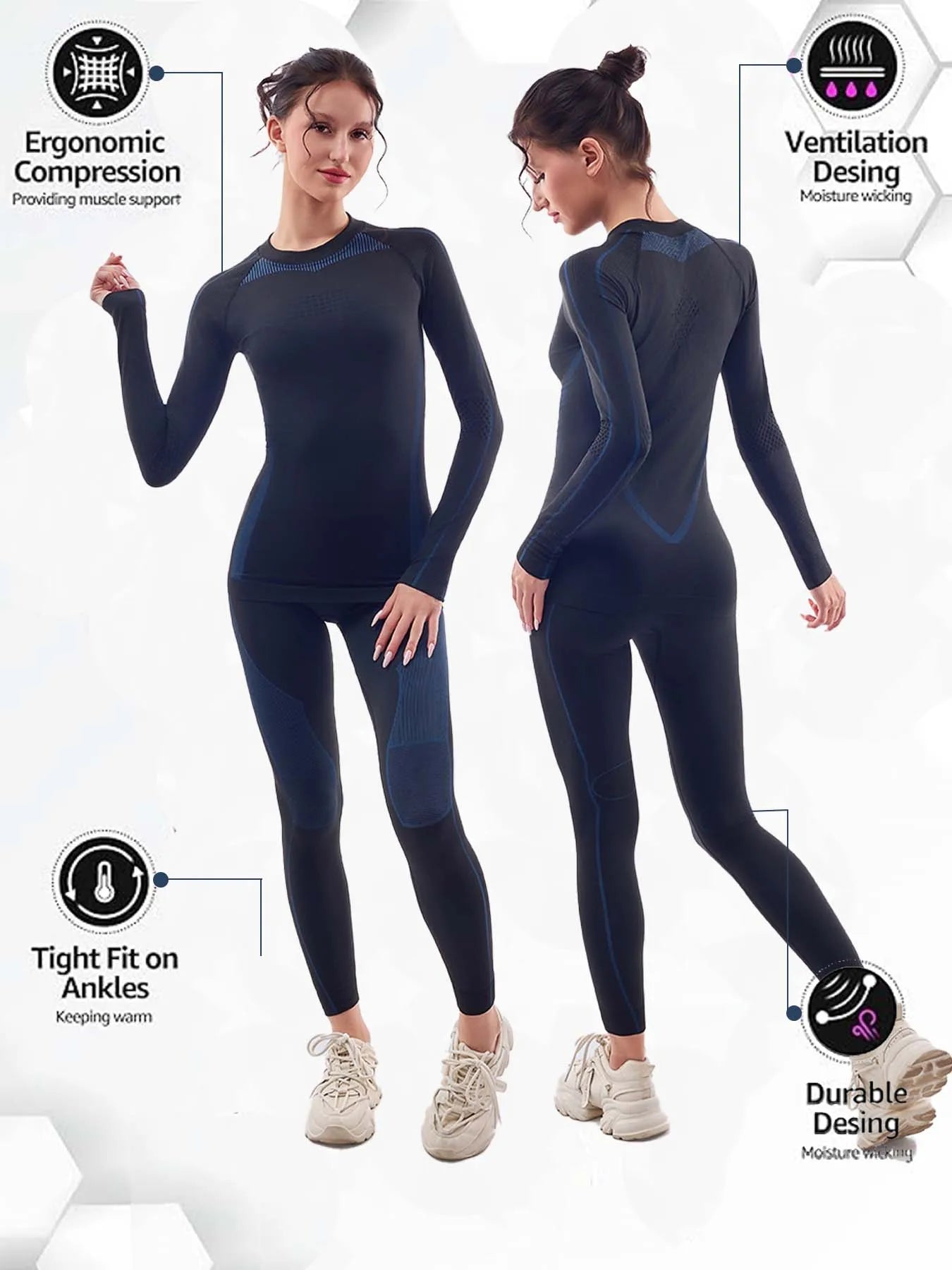 Women Skiing Underwear Set Fitness Thermal Gym Ski Snowboarding Hiking Jogging Sport Running Yoga Exercise Suit Long Johns