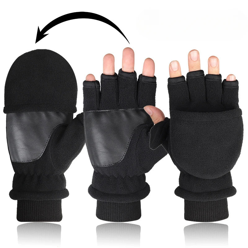Winter Gloves Fingerless Convertible Warm Thermal Mittens Gloves Windproof Polar Fleece Warm men women double-layer Flap Gloves