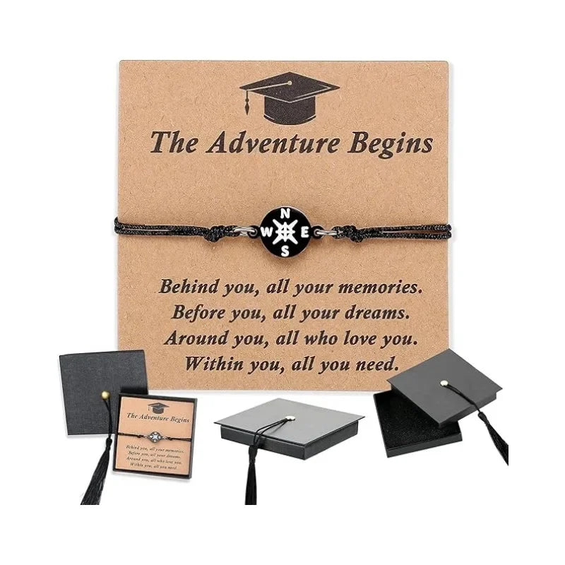 New graduation season and back-to-school season gifts: Doctoral cap gift box, stainless steel compass, woven bracelet, band card