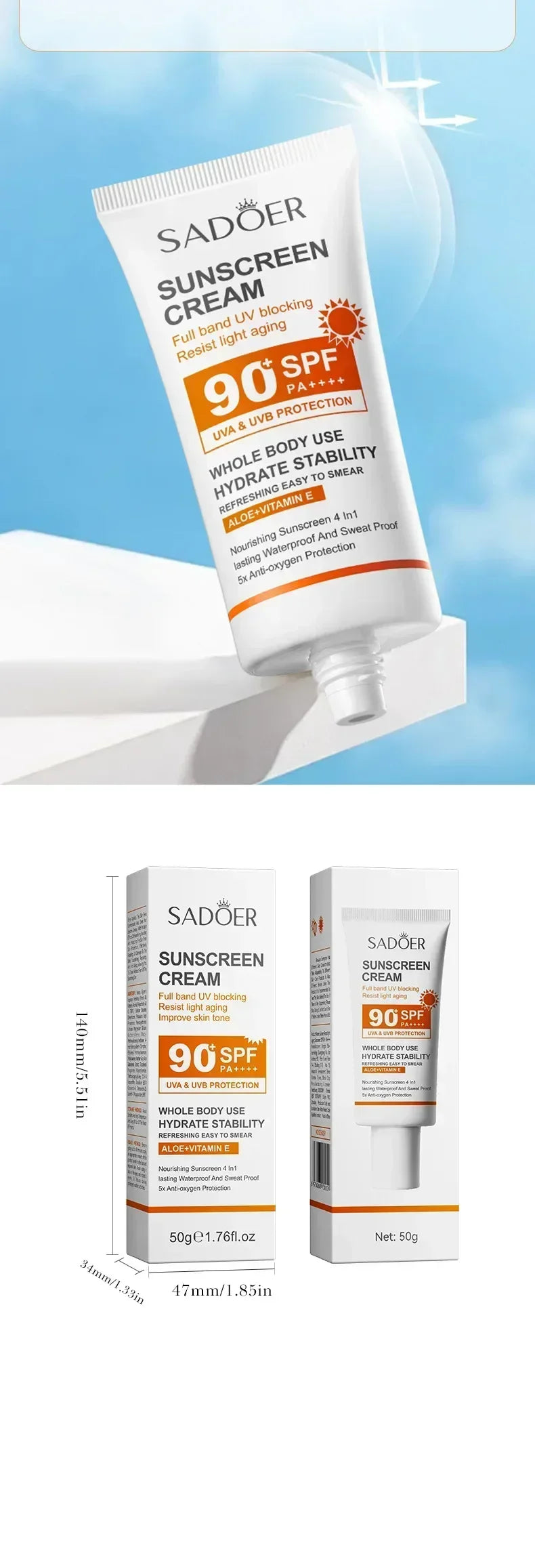 SPF90+ sunscreen, UV protection, whitening sunscreen, moisturizing, whitening, facial and body sunscreen, skin care, anti-aging